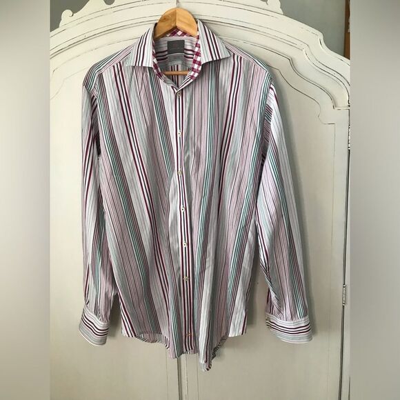 Thomas Dean Men's Multicolor Striped Dress Shirt Patterned Cuff Size Large - Picture 1 of 4